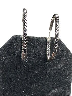Vtg Signed FC 925 Sterling 2" Inside Out Black Spinel Hoop Earring Pierced Hinge